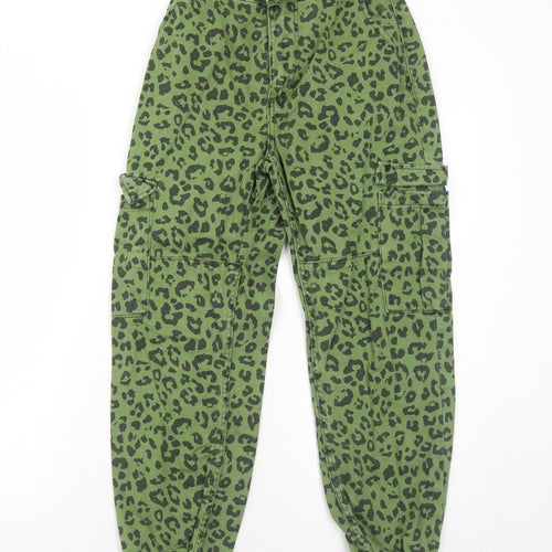 Bershka Womens Green Animal Print Cotton Tapered Jeans Size 6 Regular Zip - Leopard Pattern