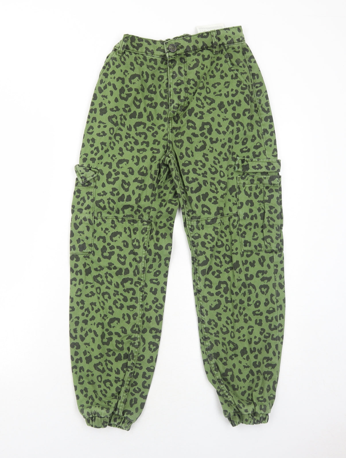 Bershka Womens Green Animal Print Cotton Tapered Jeans Size 6 Regular Zip - Leopard Pattern