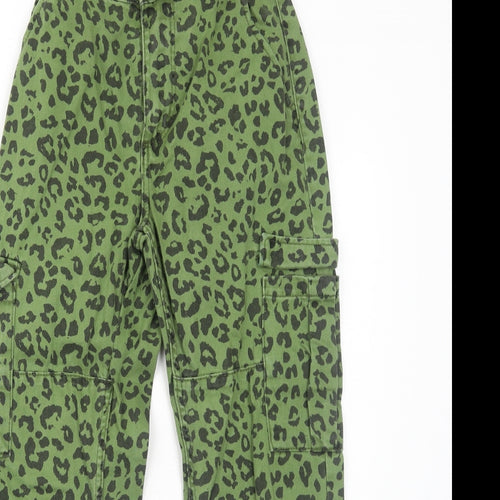 Bershka Womens Green Animal Print Cotton Tapered Jeans Size 6 Regular Zip - Leopard Pattern