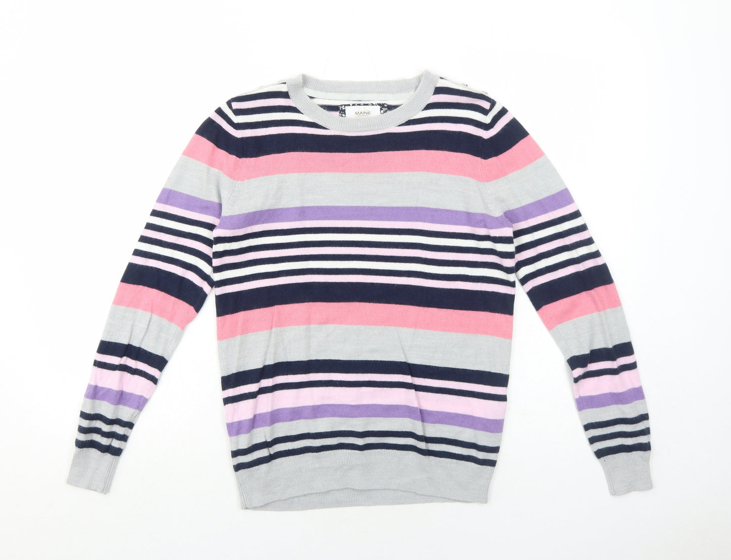 Maine Womens Grey Round Neck Striped Acrylic Pullover Jumper Size 12