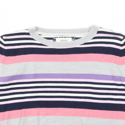 Maine Womens Grey Round Neck Striped Acrylic Pullover Jumper Size 12