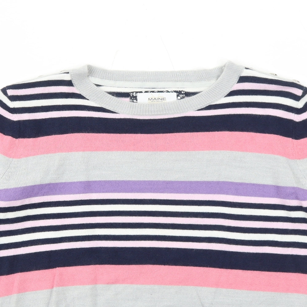Maine Womens Grey Round Neck Striped Acrylic Pullover Jumper Size 12