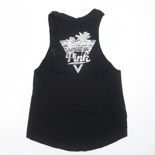 PINK Womens Black Cotton Basic Tank Size S Round Neck