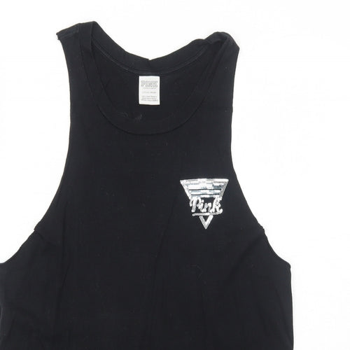 PINK Womens Black Cotton Basic Tank Size S Round Neck