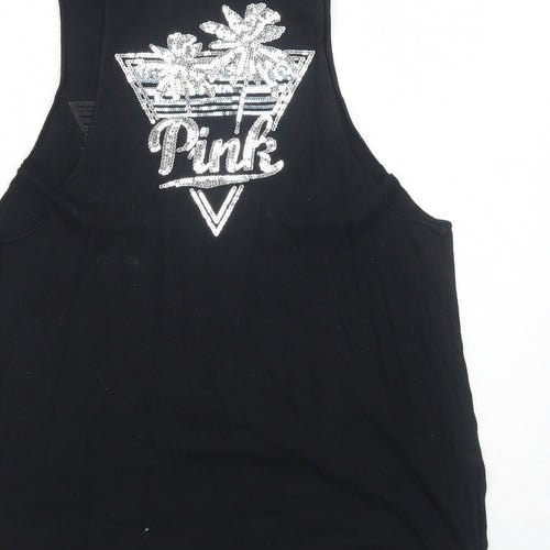 PINK Womens Black Cotton Basic Tank Size S Round Neck