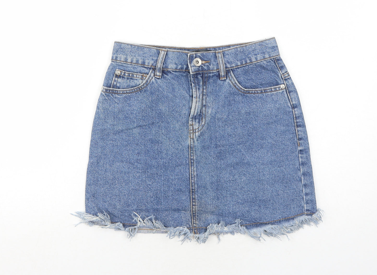Bershka Womens Blue Cotton Mini Skirt Size 6 Zip