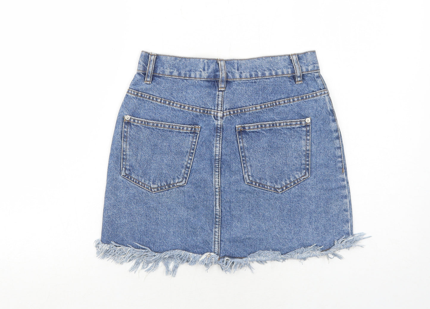 Bershka Womens Blue Cotton Mini Skirt Size 6 Zip