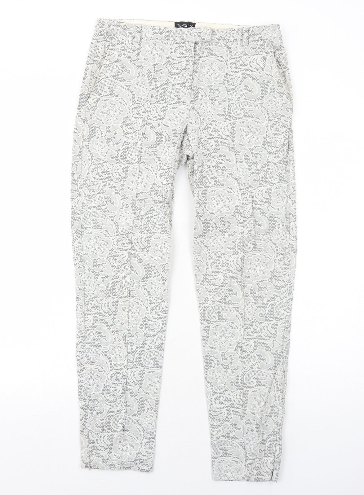 Topshop Womens Grey Geometric Cotton Chino Trousers Size 10 Regular Zip