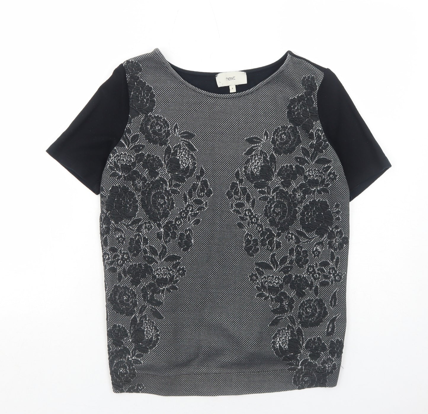 NEXT Womens Black Floral Viscose Basic T-Shirt Size 8 Round Neck