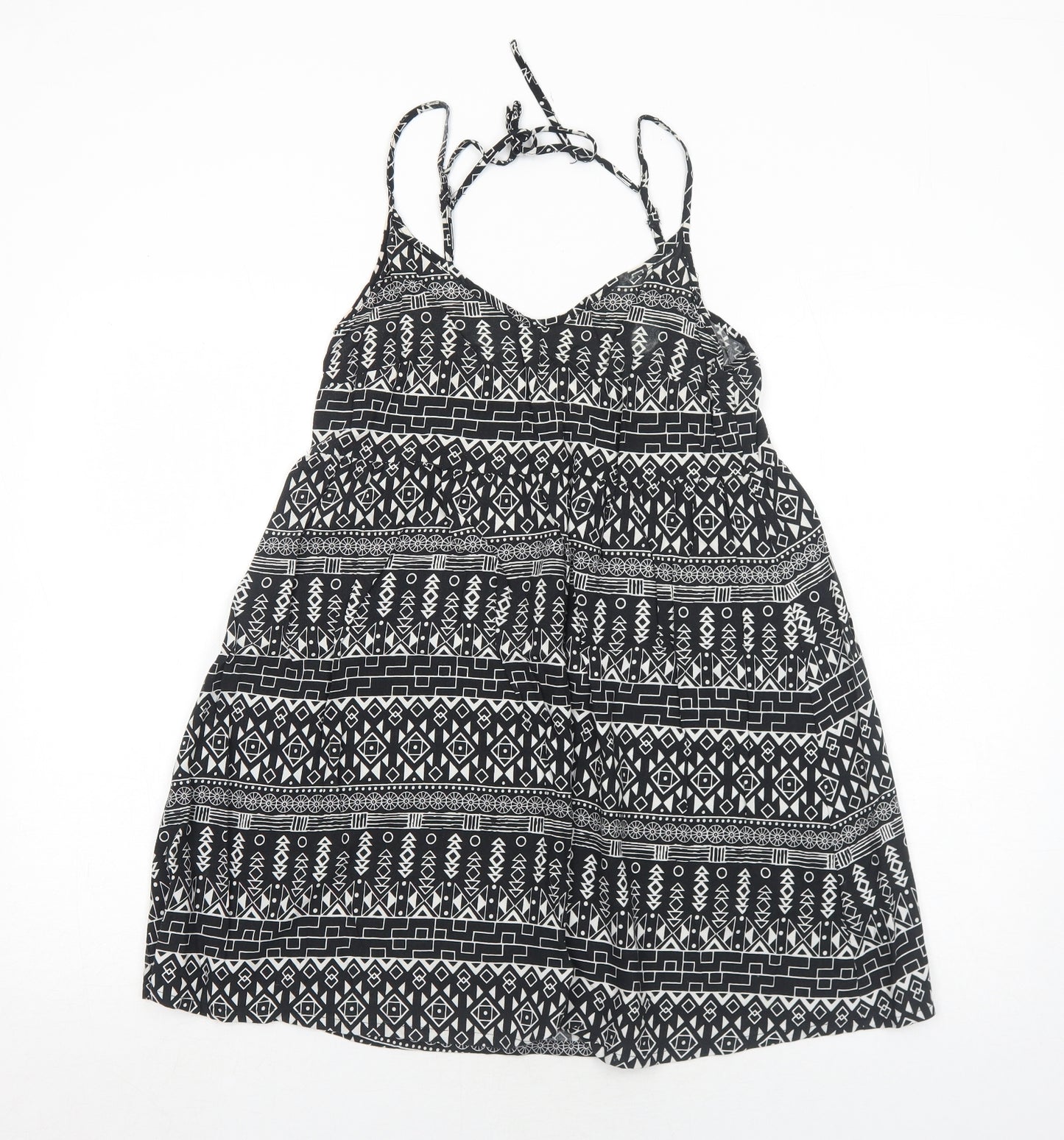 H&M Womens Black Geometric Viscose Tank Dress Size 10 V-Neck Pullover