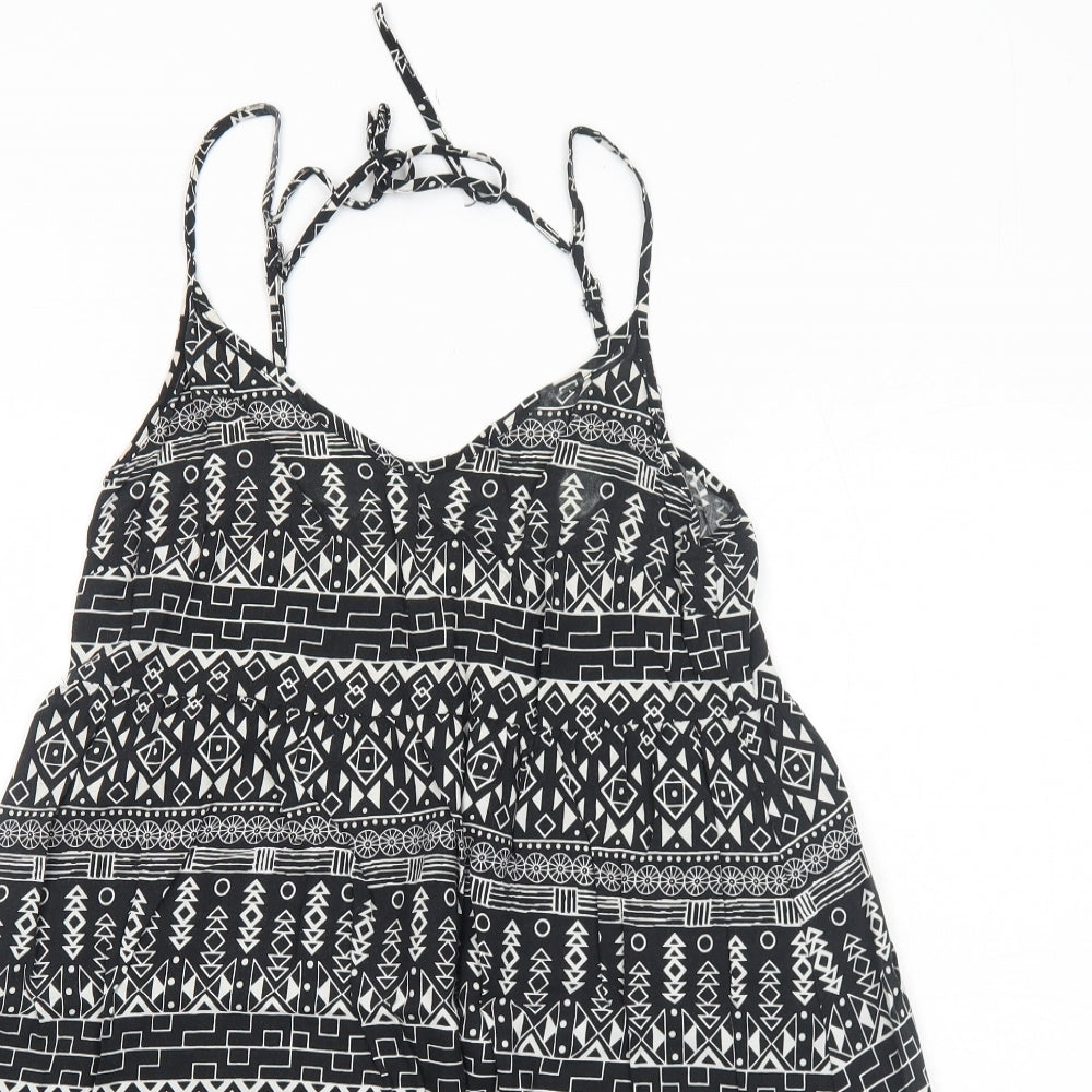 H&M Womens Black Geometric Viscose Tank Dress Size 10 V-Neck Pullover