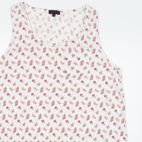 Bella Beau Womens White Floral Polyester Basic Tank Size XL Round Neck