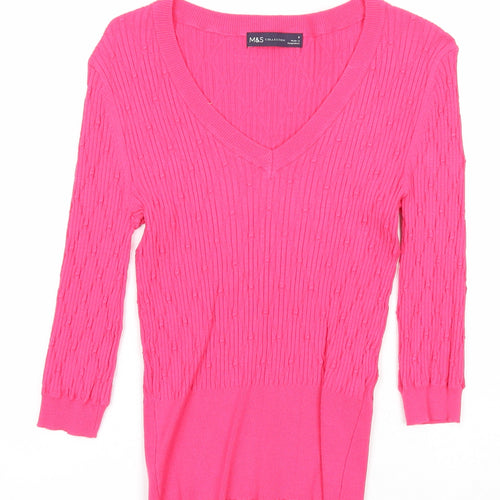 Marks and Spencer Womens Pink V-Neck Viscose Pullover Jumper Size 8
