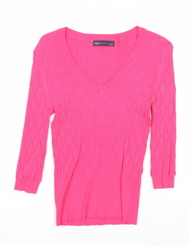 Marks and Spencer Womens Pink V-Neck Viscose Pullover Jumper Size 8