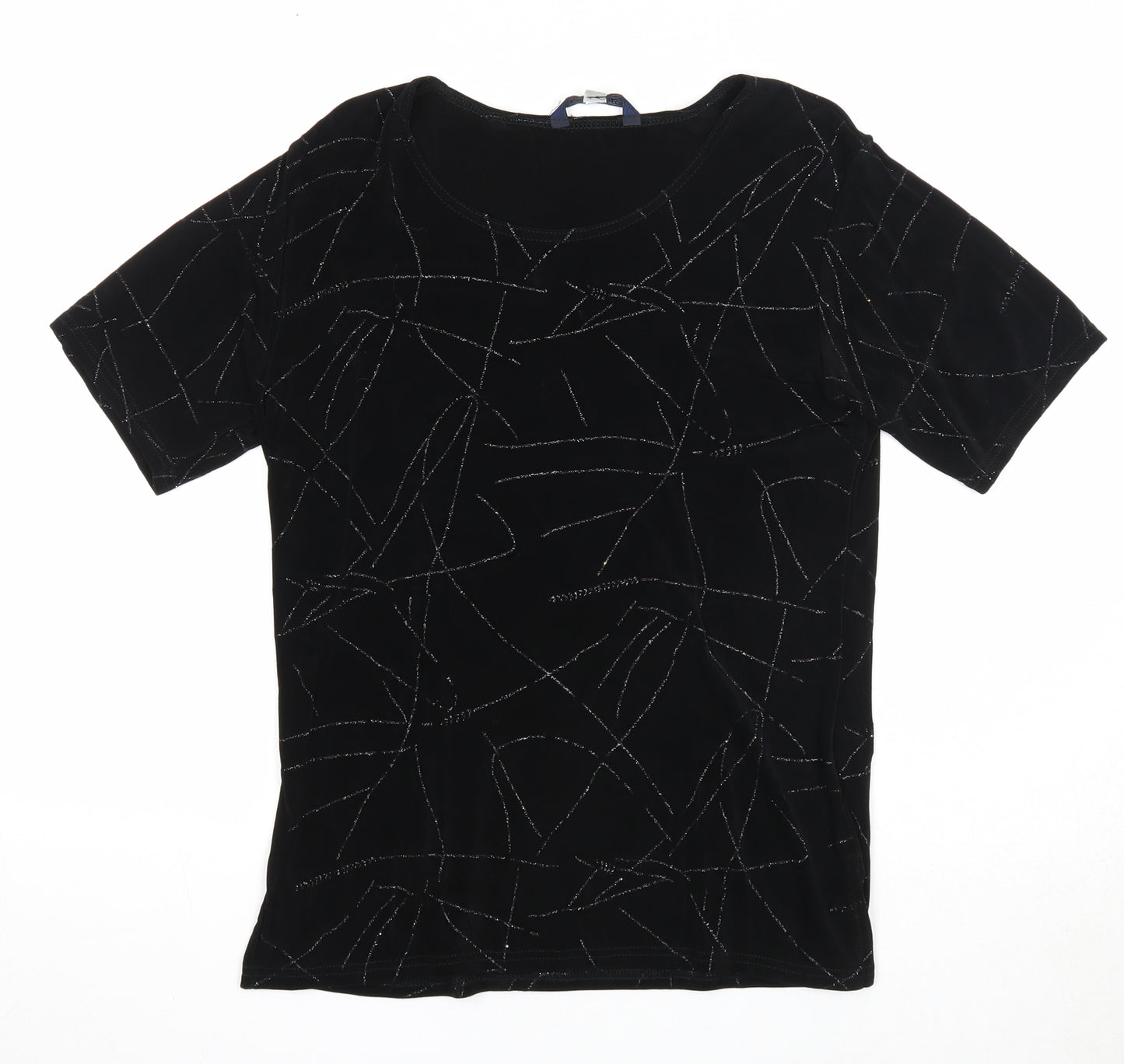 Twotone Designs Womens Black Geometric Acetate Basic T-Shirt Size 12 Round Neck