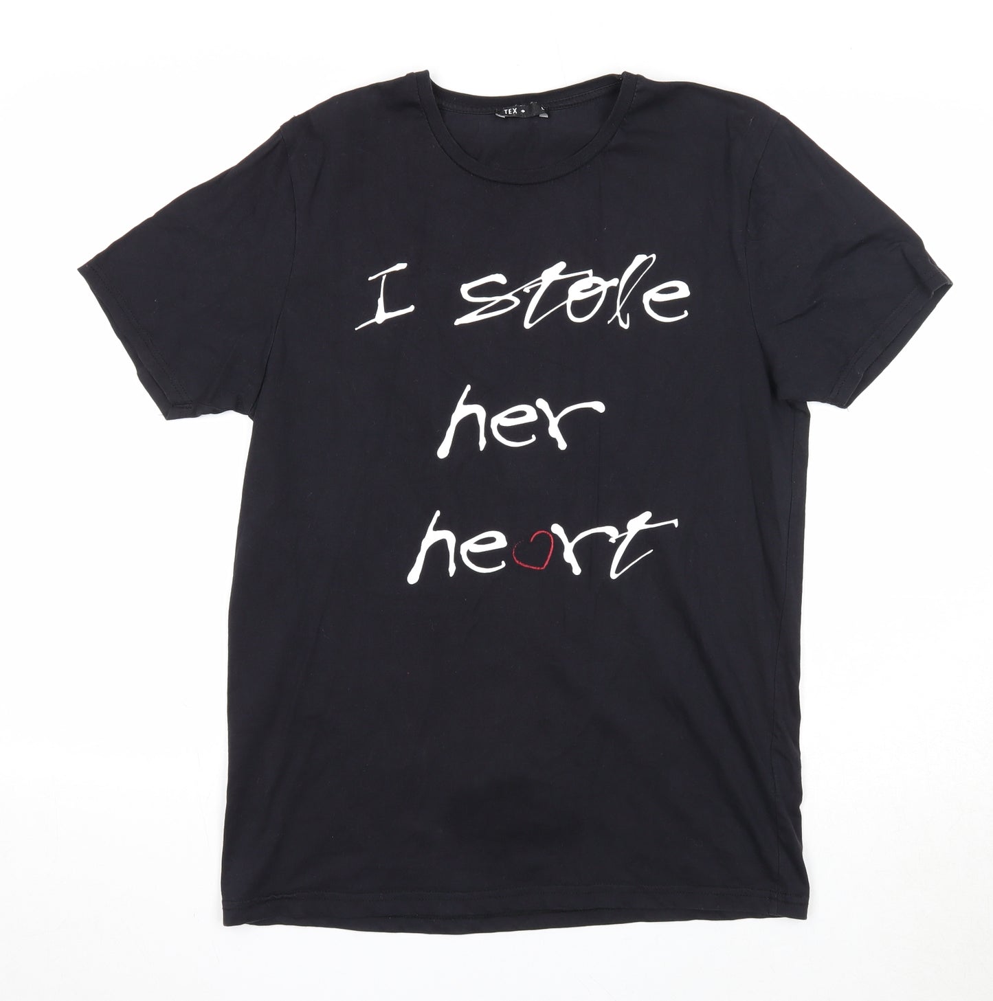 TEX Womens Black Cotton Basic T-Shirt Size L Round Neck - I Stole Her Heart