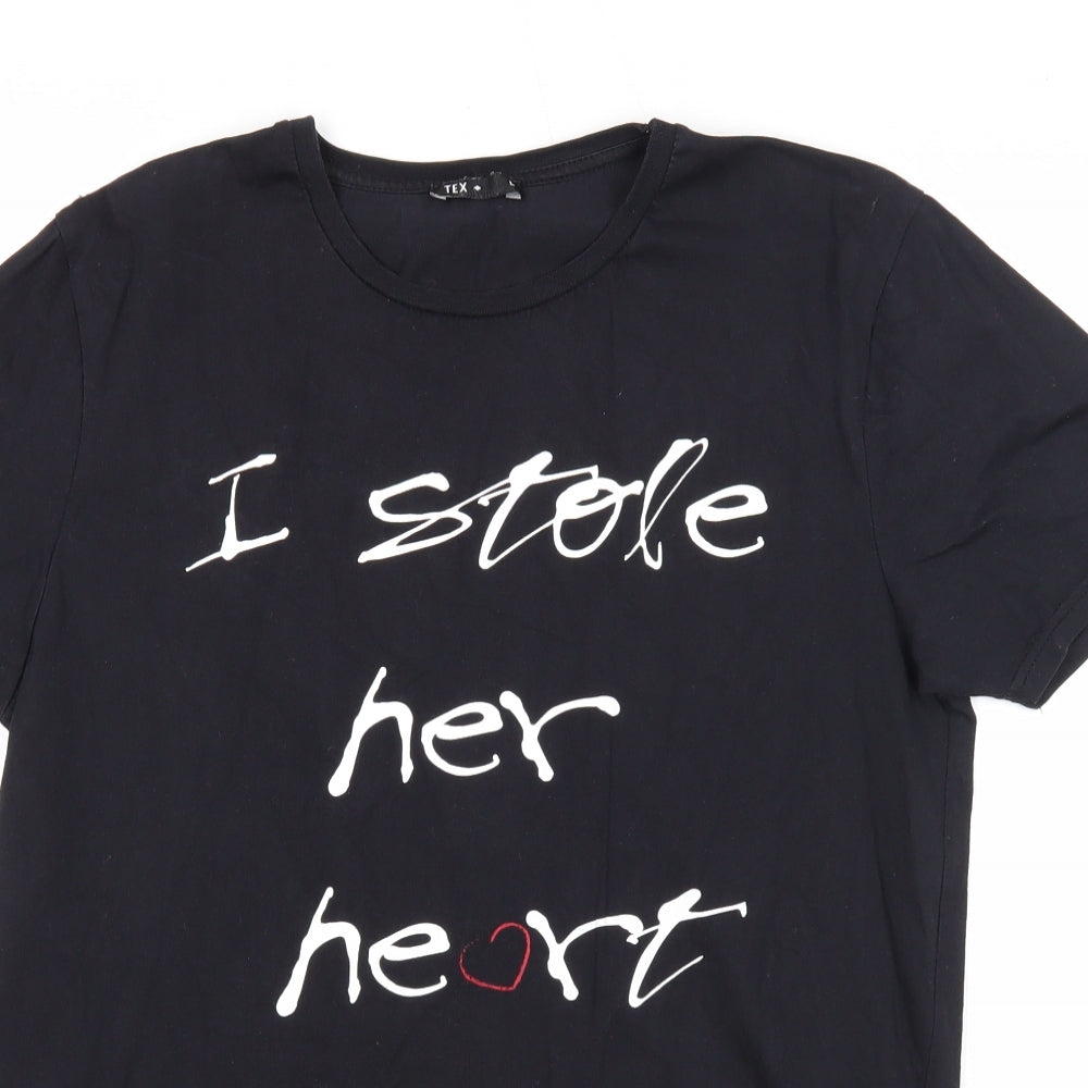 TEX Womens Black Cotton Basic T-Shirt Size L Round Neck - I Stole Her Heart