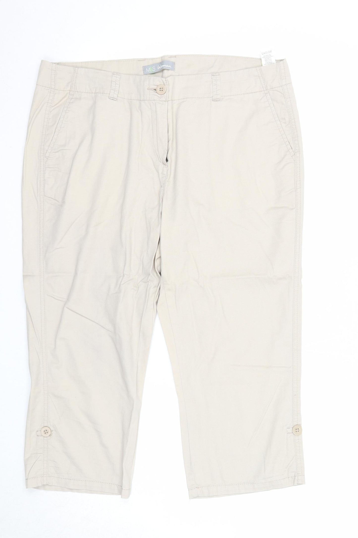 Marks and Spencer Womens Beige Cotton Cropped Trousers Size 14 Regular Zip