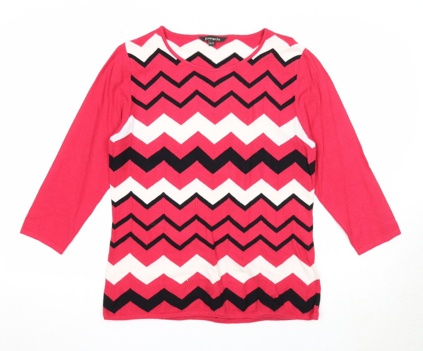 Bonmarché Womens Pink Round Neck Geometric Viscose Pullover Jumper Size 12