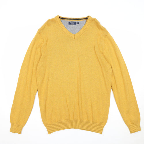Maine New England Mens Yellow V-Neck Cotton Pullover Jumper Size S Long Sleeve