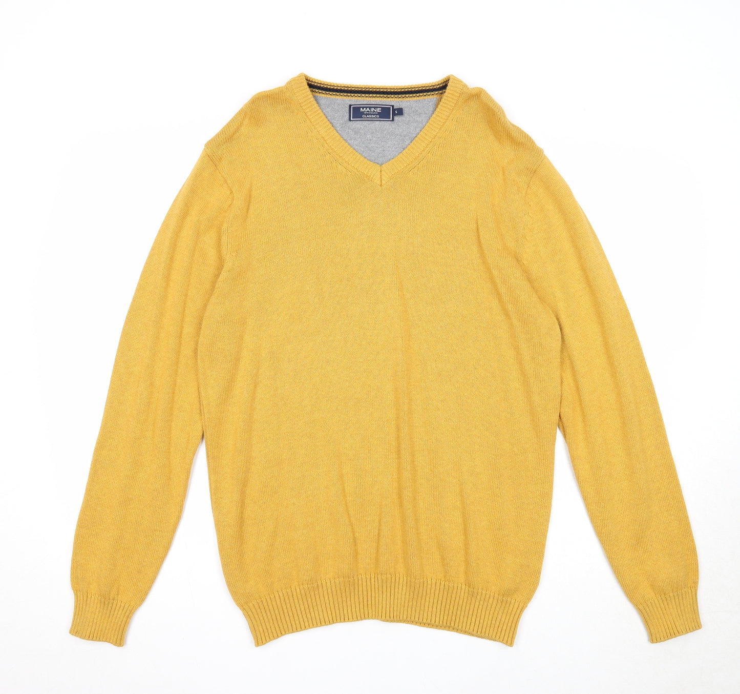 Maine New England Mens Yellow V-Neck Cotton Pullover Jumper Size S Long Sleeve