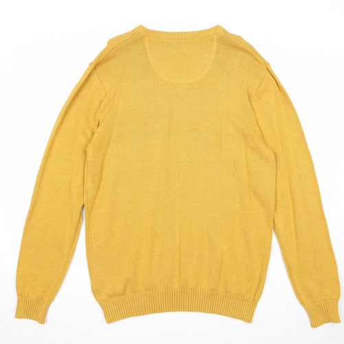 Maine New England Mens Yellow V-Neck Cotton Pullover Jumper Size S Long Sleeve
