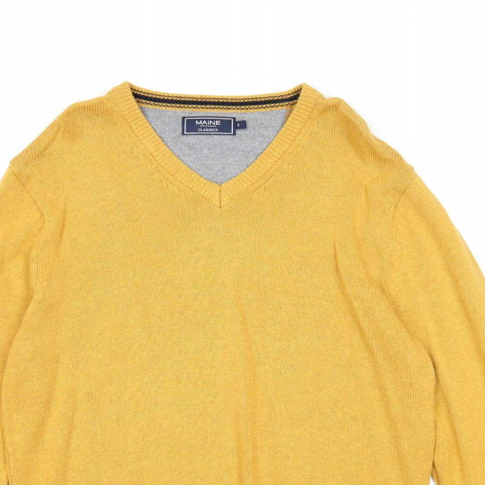 Maine New England Mens Yellow V-Neck Cotton Pullover Jumper Size S Long Sleeve