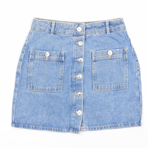 Pull&Bear Womens Blue Cotton A-Line Skirt Size 26 in Button