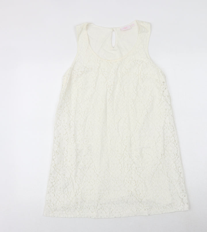 NEXT Womens White Geometric Cotton A-Line Size 12 Round Neck Button