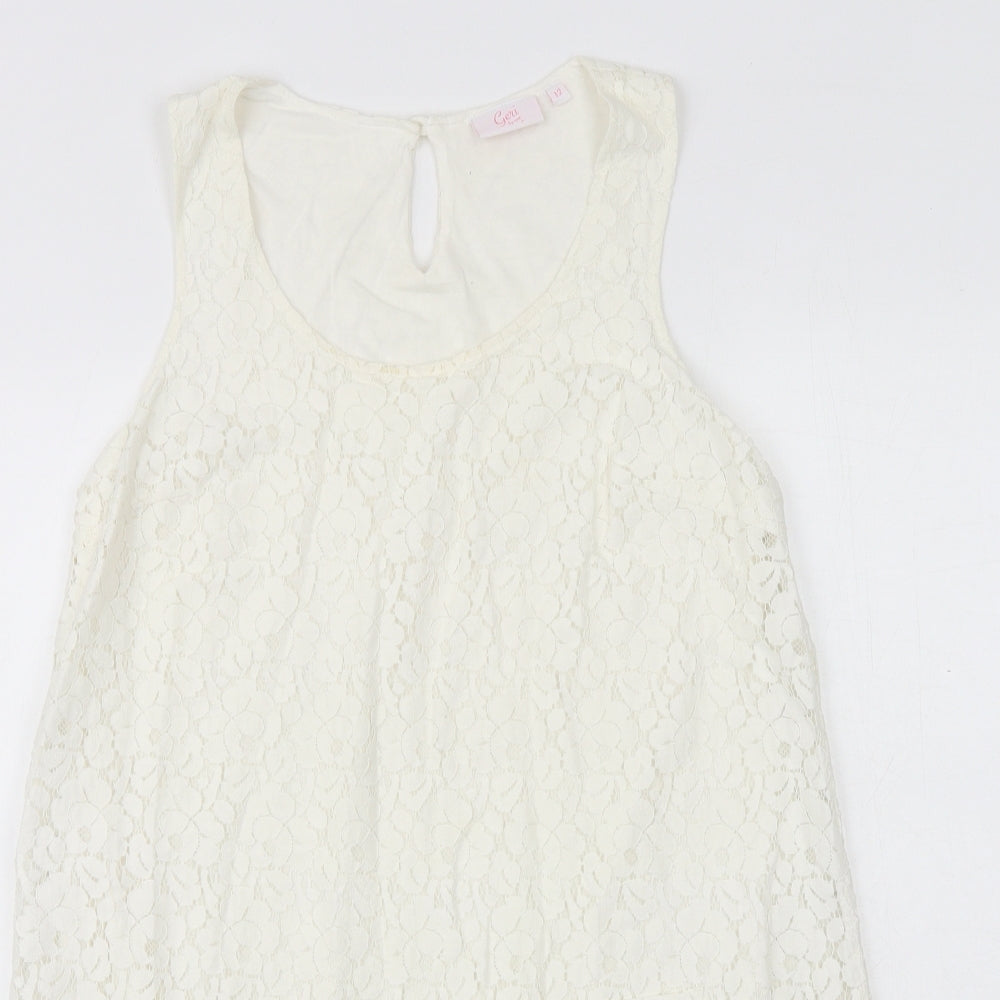 NEXT Womens White Geometric Cotton A-Line Size 12 Round Neck Button
