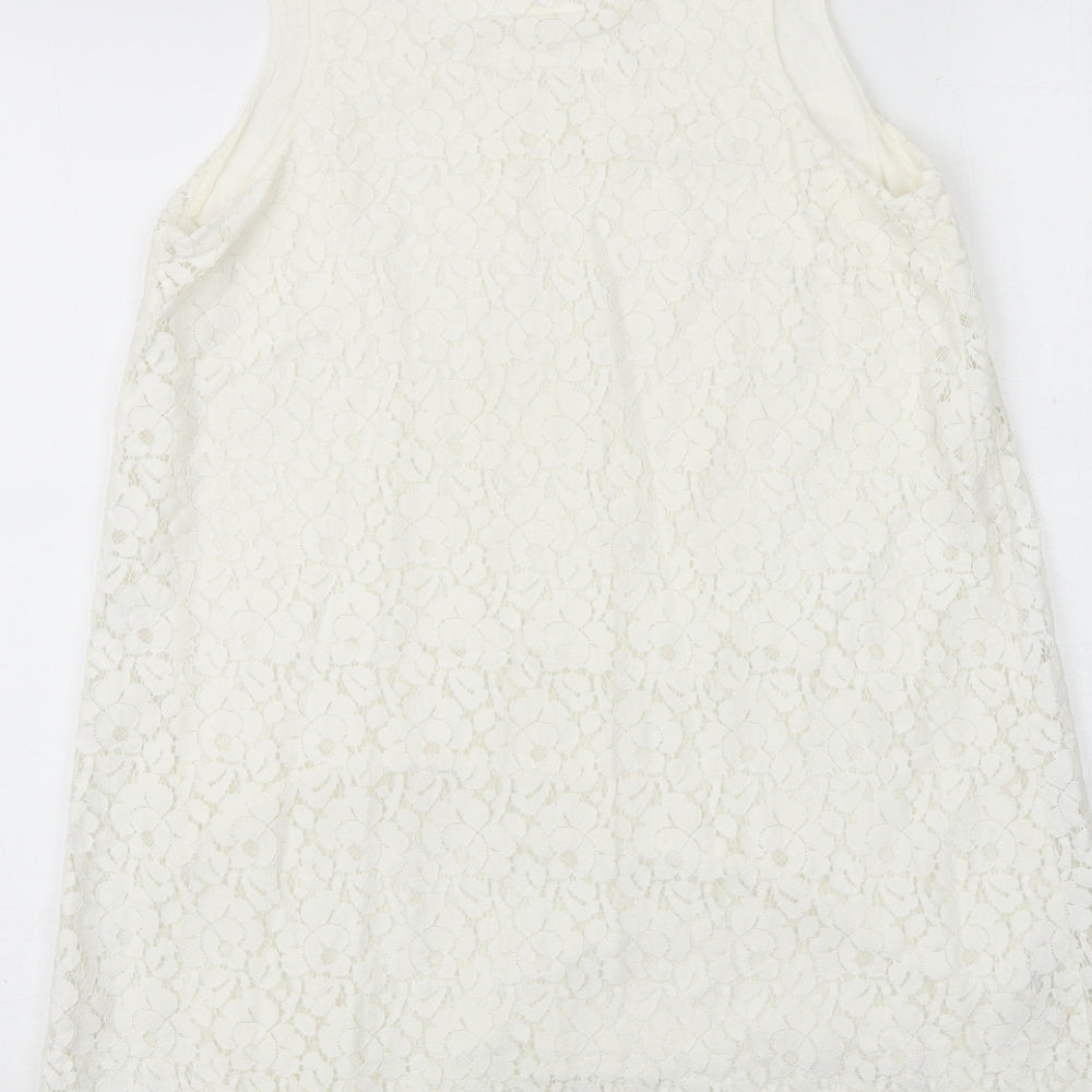 NEXT Womens White Geometric Cotton A-Line Size 12 Round Neck Button