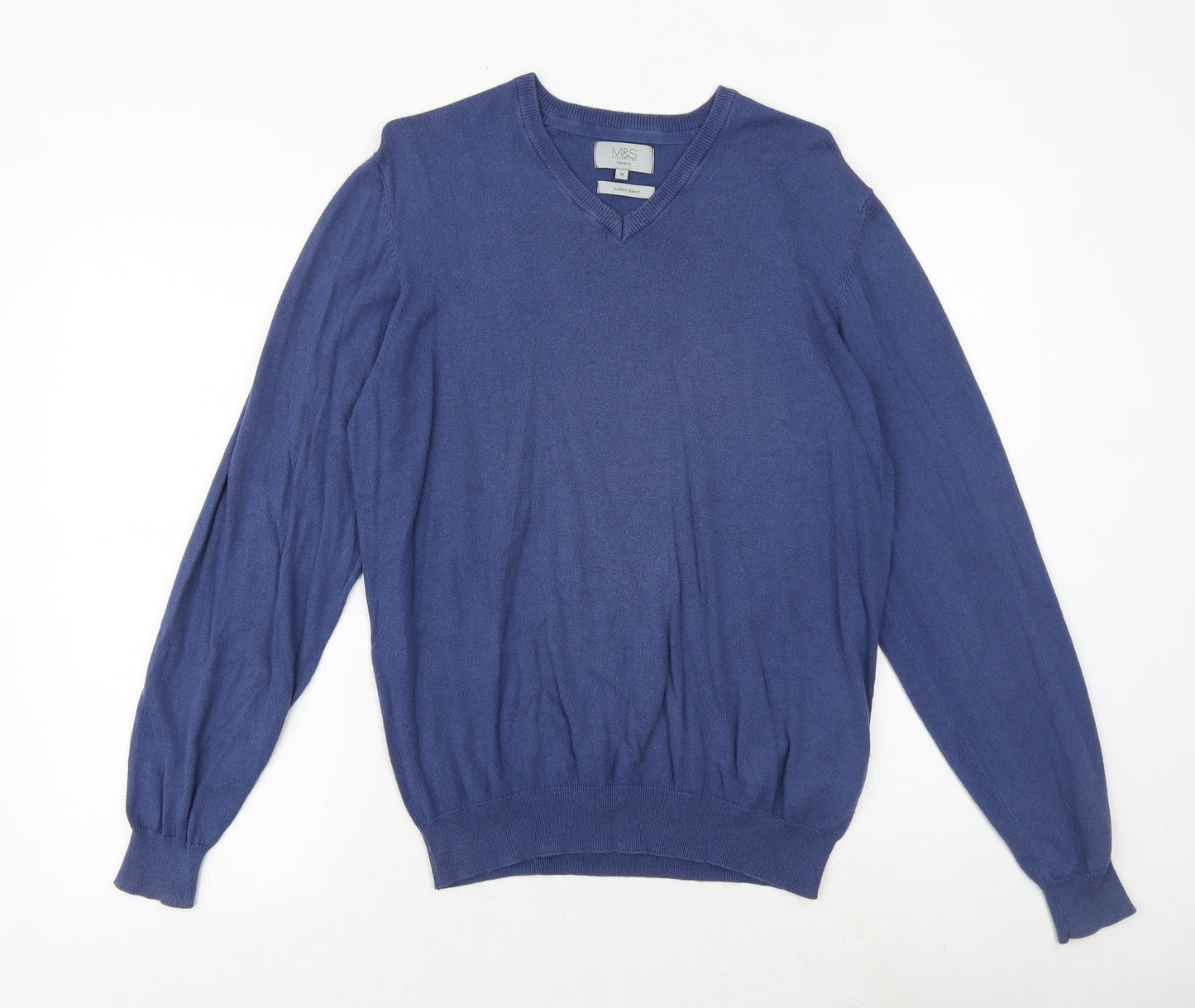 Marks and Spencer Mens Blue V-Neck Cotton Pullover Jumper Size M Long Sleeve