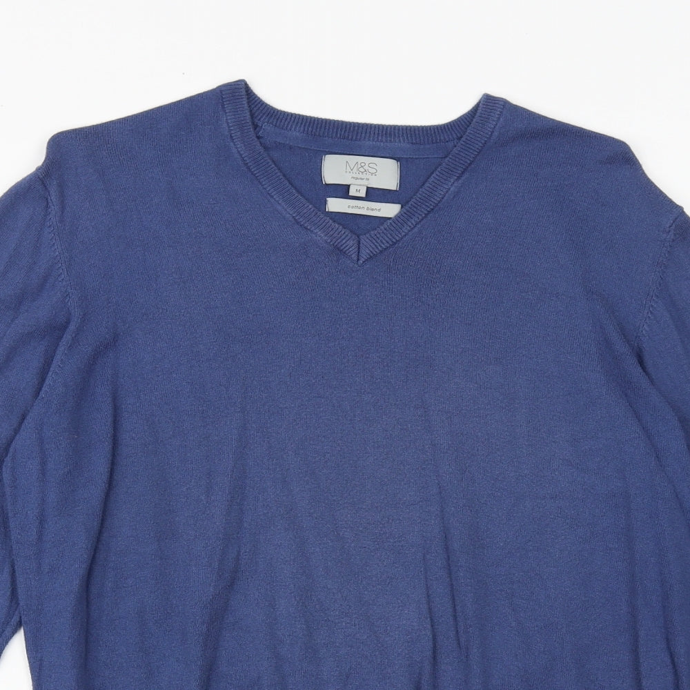Marks and Spencer Mens Blue V-Neck Cotton Pullover Jumper Size M Long Sleeve