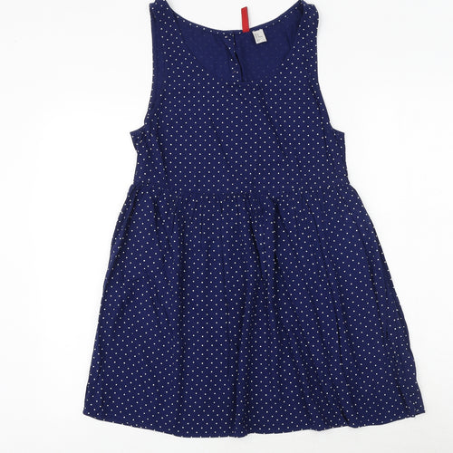 H&M Womens Blue Polka Dot Viscose Fit & Flare Size 8 Round Neck Button