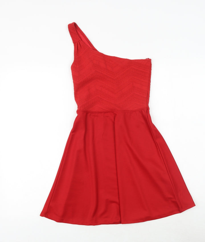 Bershka Womens Red Polyester Fit & Flare Size S One Shoulder Pullover