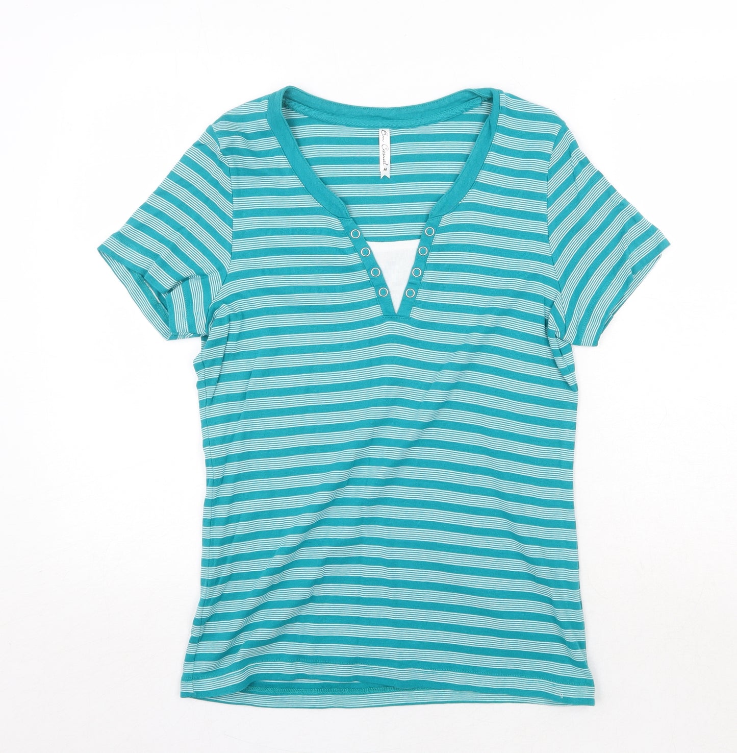 Bonmarché Womens Green Striped 100% Cotton Basic T-Shirt Size M Round Neck