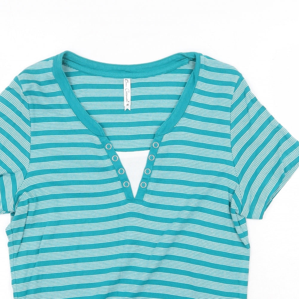 Bonmarché Womens Green Striped 100% Cotton Basic T-Shirt Size M Round Neck