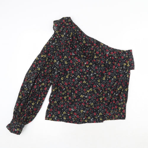 New Look Womens Black Floral 100% Cotton Basic Blouse Size 10 One Shoulder