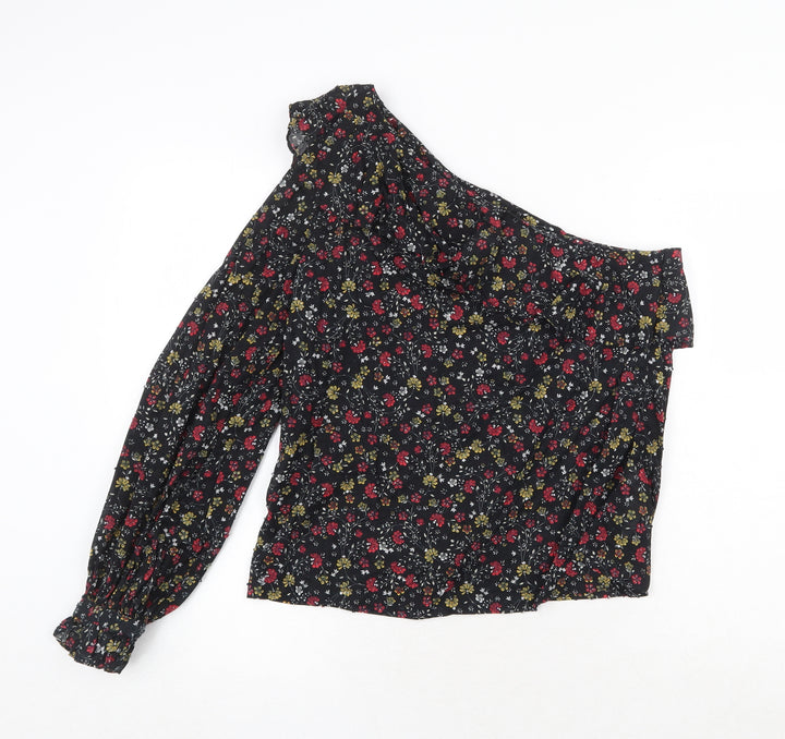 New Look Womens Black Floral 100% Cotton Basic Blouse Size 10 One Shoulder