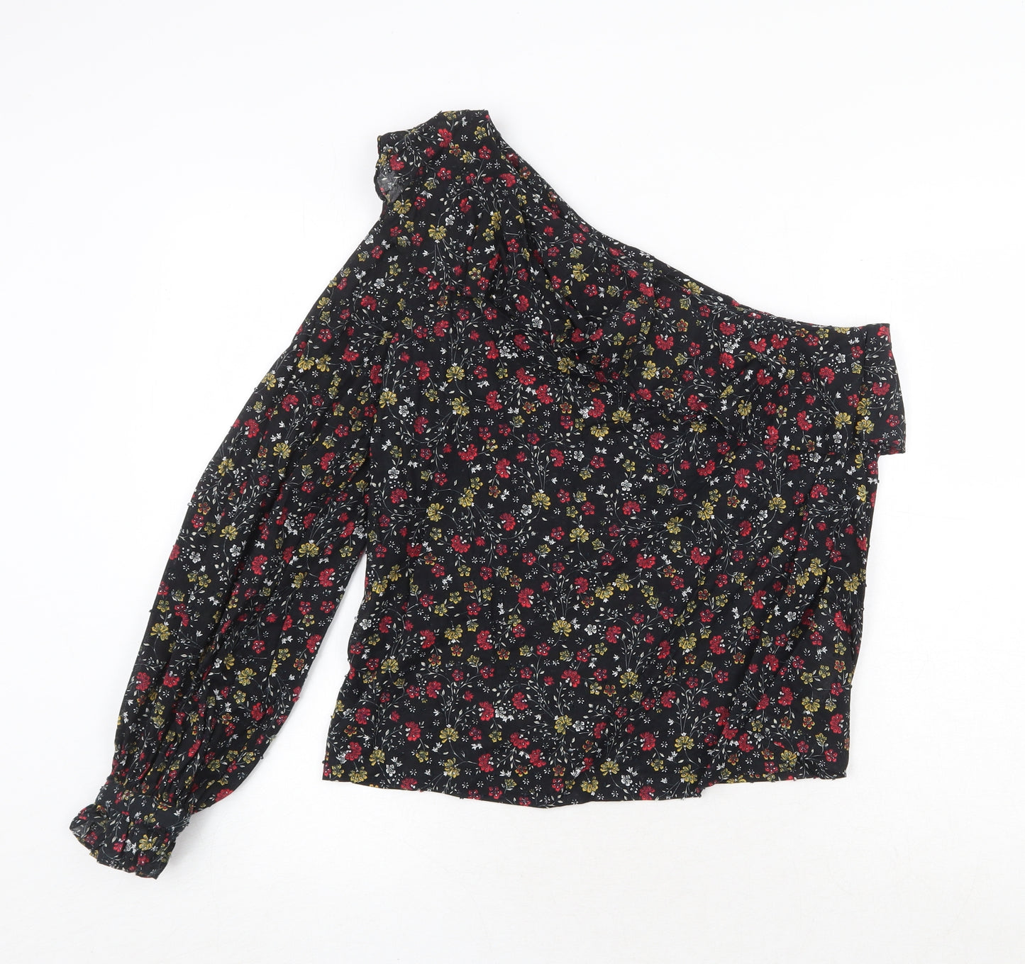 New Look Womens Black Floral 100% Cotton Basic Blouse Size 10 One Shoulder