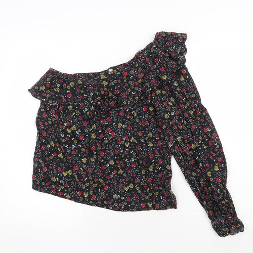 New Look Womens Black Floral 100% Cotton Basic Blouse Size 10 One Shoulder