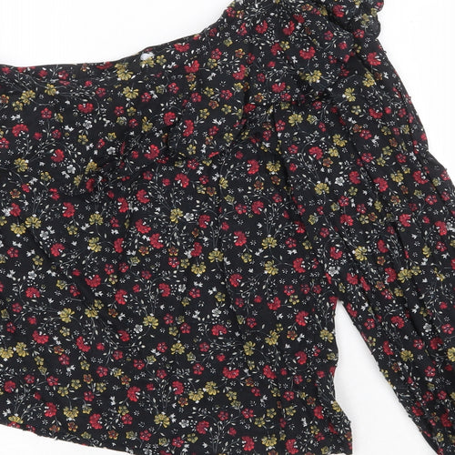 New Look Womens Black Floral 100% Cotton Basic Blouse Size 10 One Shoulder