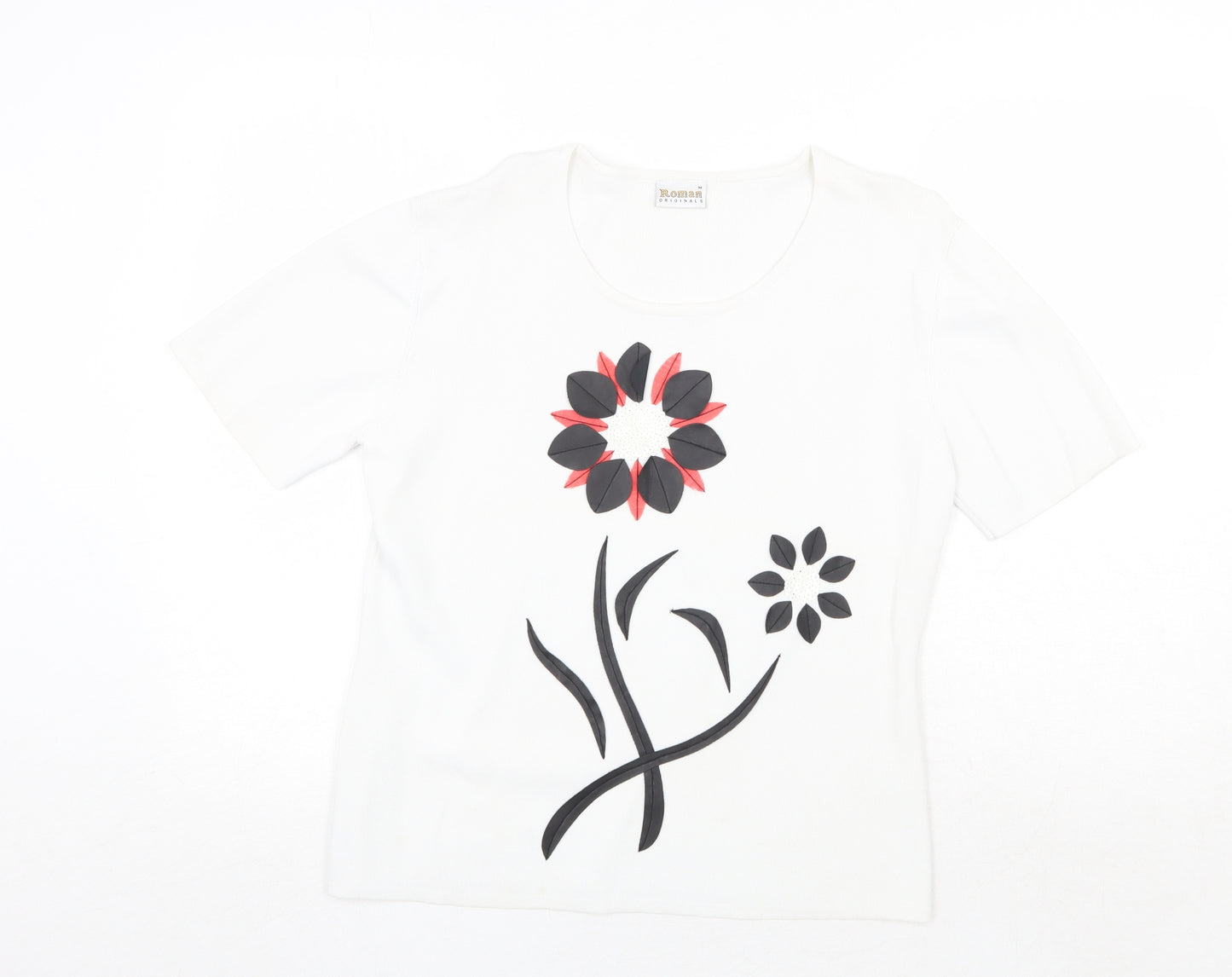 Roman Originals Womens White Round Neck Viscose Pullover Jumper Size M - Flower