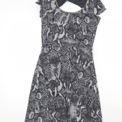 Dorothy Perkins Womens Grey Animal Print Nylon Trapeze & Swing Size 8 Round Neck Button - Snakeskin Pattern