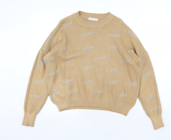 Just Be You Womens Beige Round Neck Geometric Viscose Pullover Jumper Size S - Love