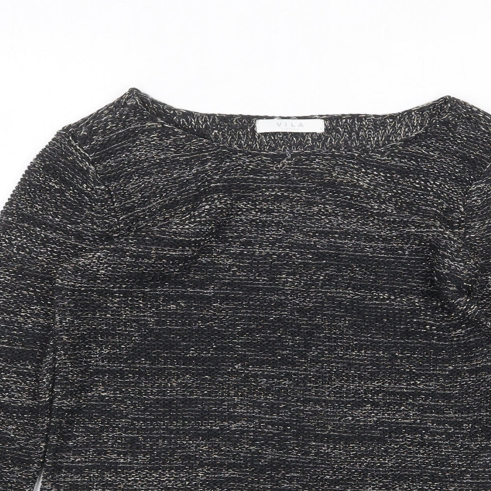VILA Womens Black Round Neck Geometric Acrylic Pullover Jumper Size S