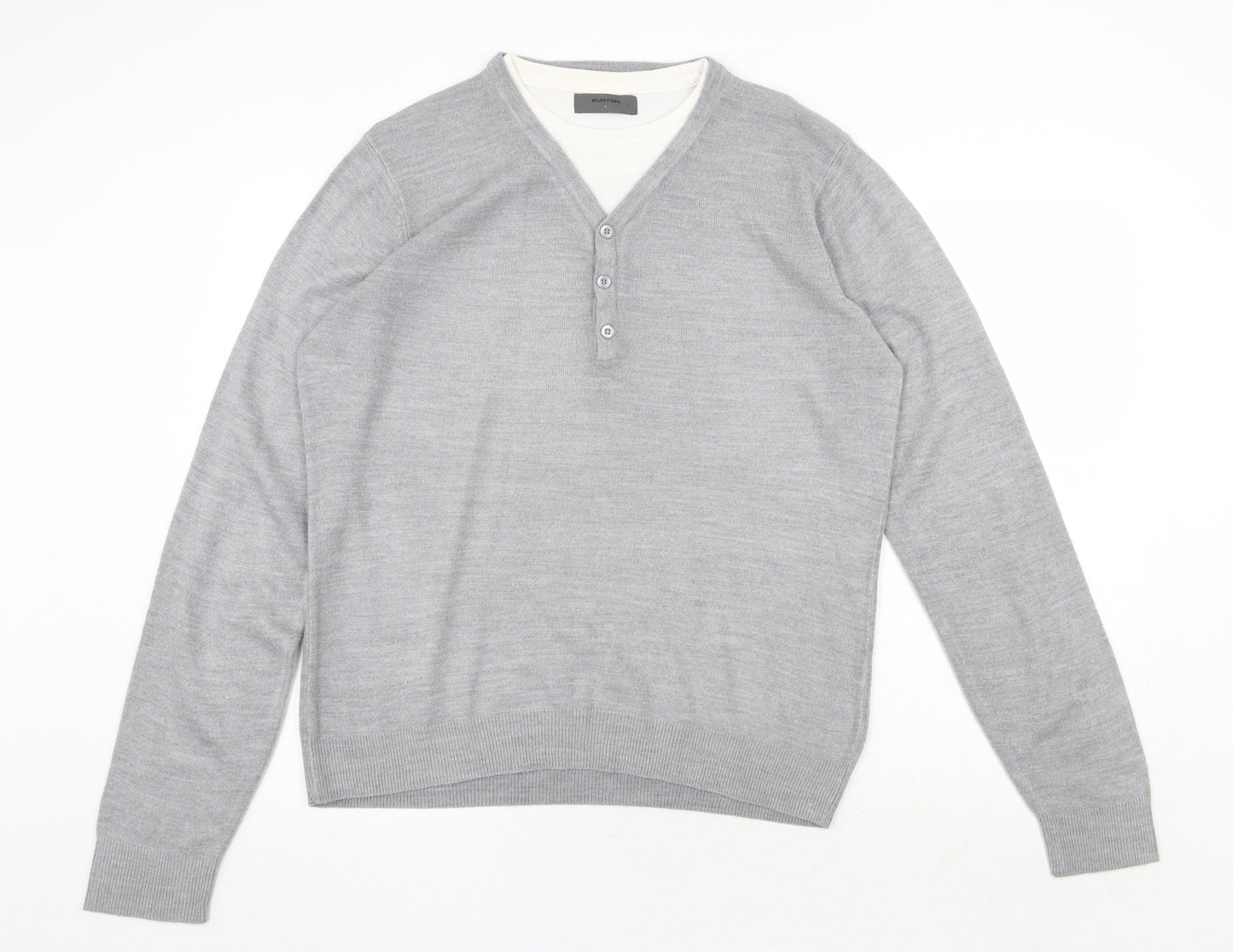 Burton Mens Grey Round Neck Acrylic Pullover Jumper Size L Long Sleeve