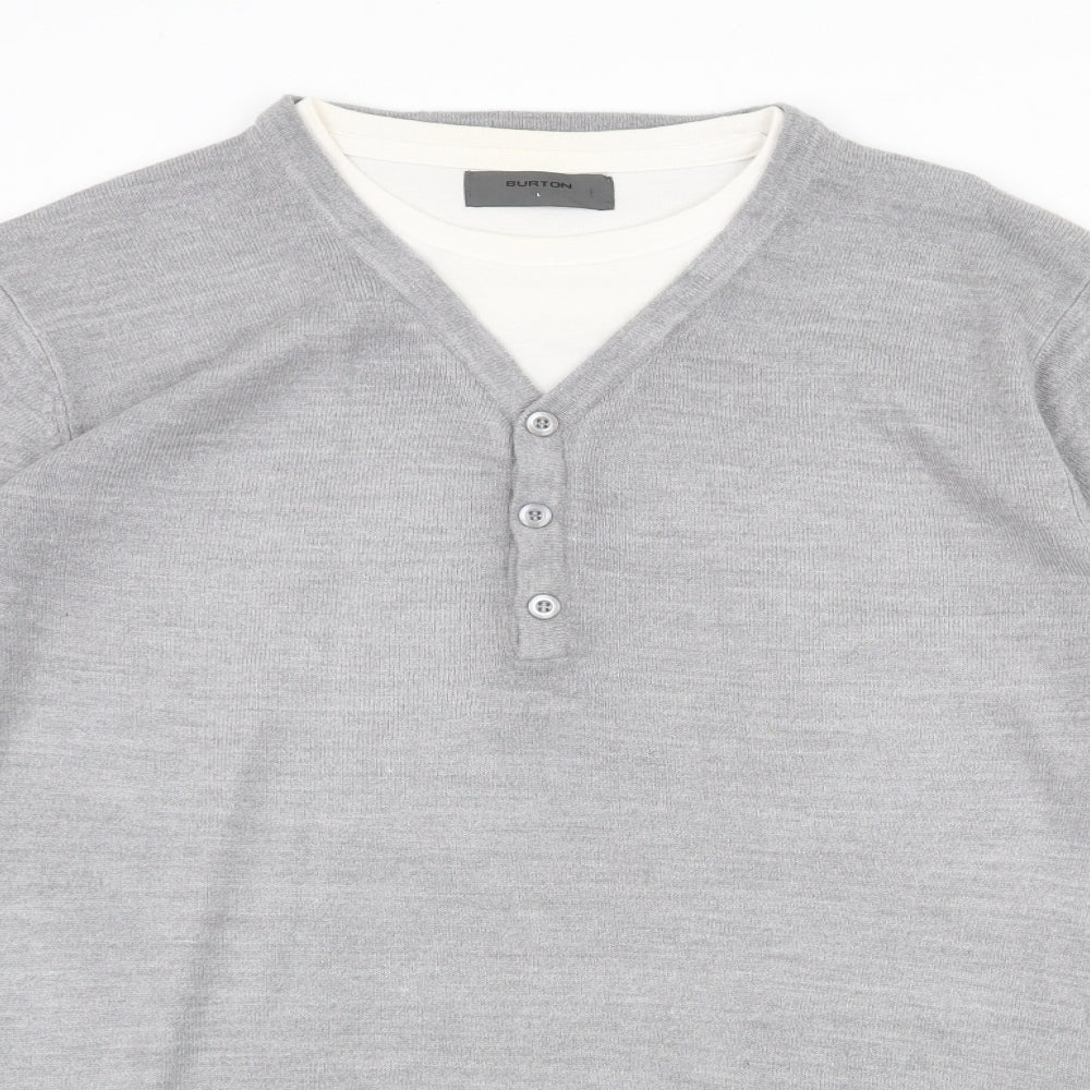 Burton Mens Grey Round Neck Acrylic Pullover Jumper Size L Long Sleeve