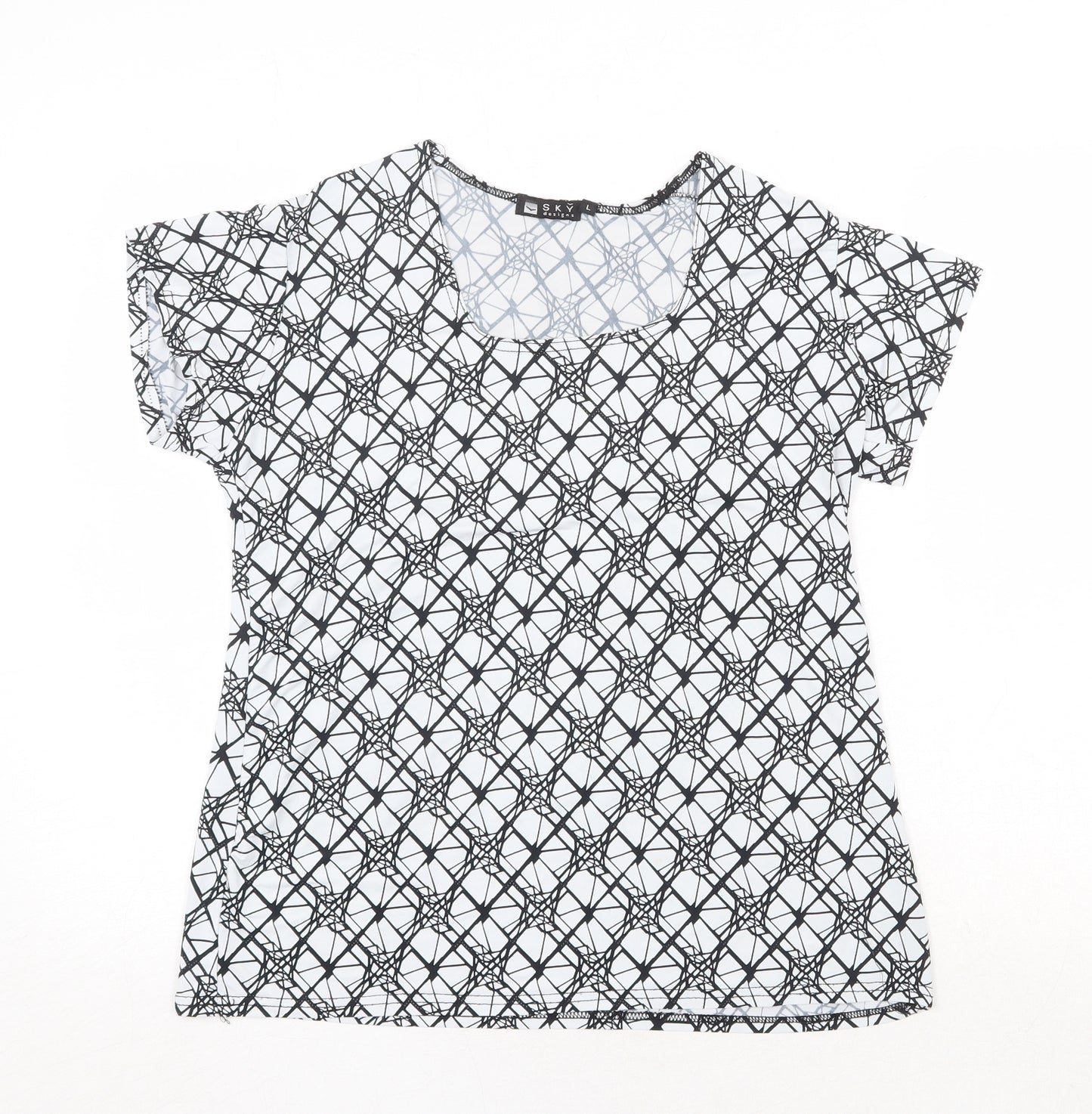 Sky Designs Womens White Geometric Polyester Basic T-Shirt Size L Square Neck