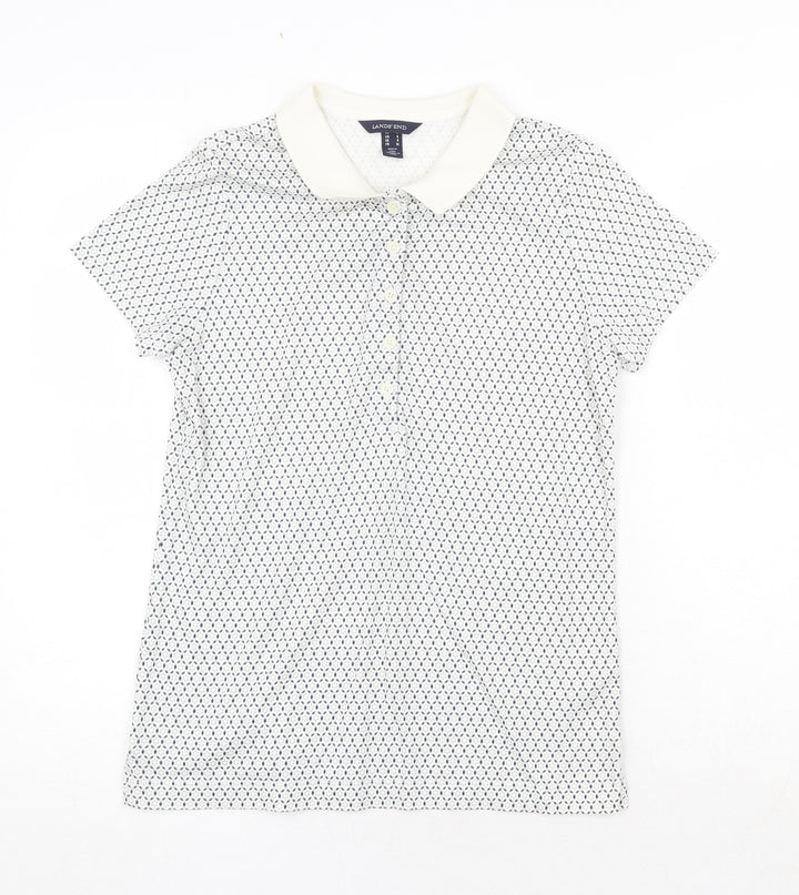 Lands' End Mens White Geometric Cotton Polo Size S Collared Button